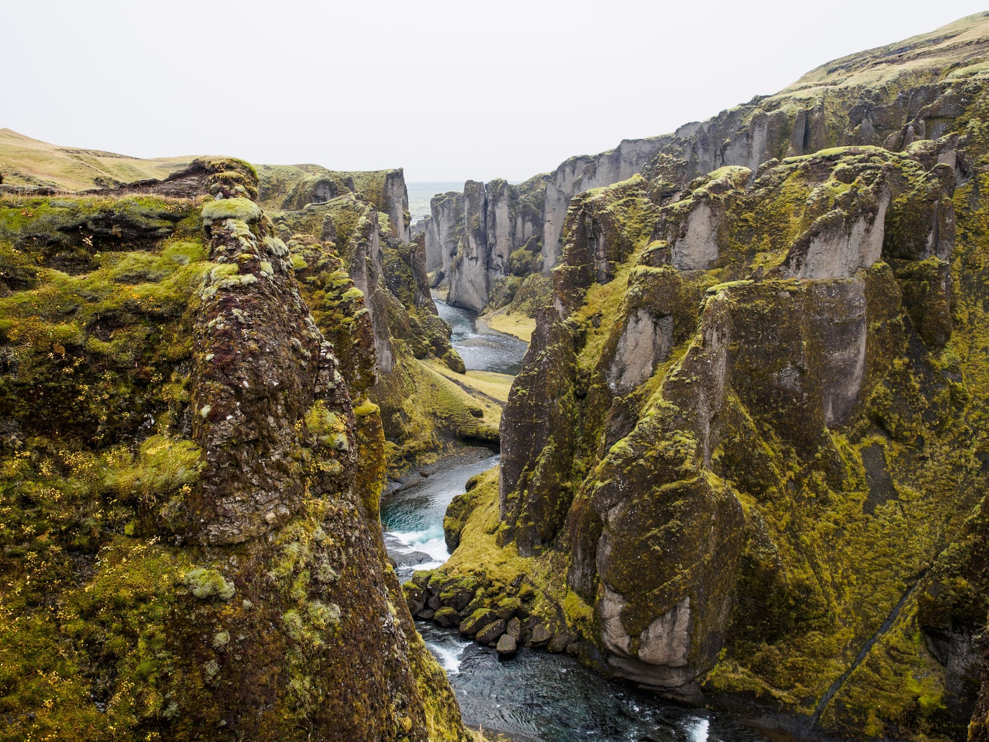 A river winding through a deep moss-covered canyon